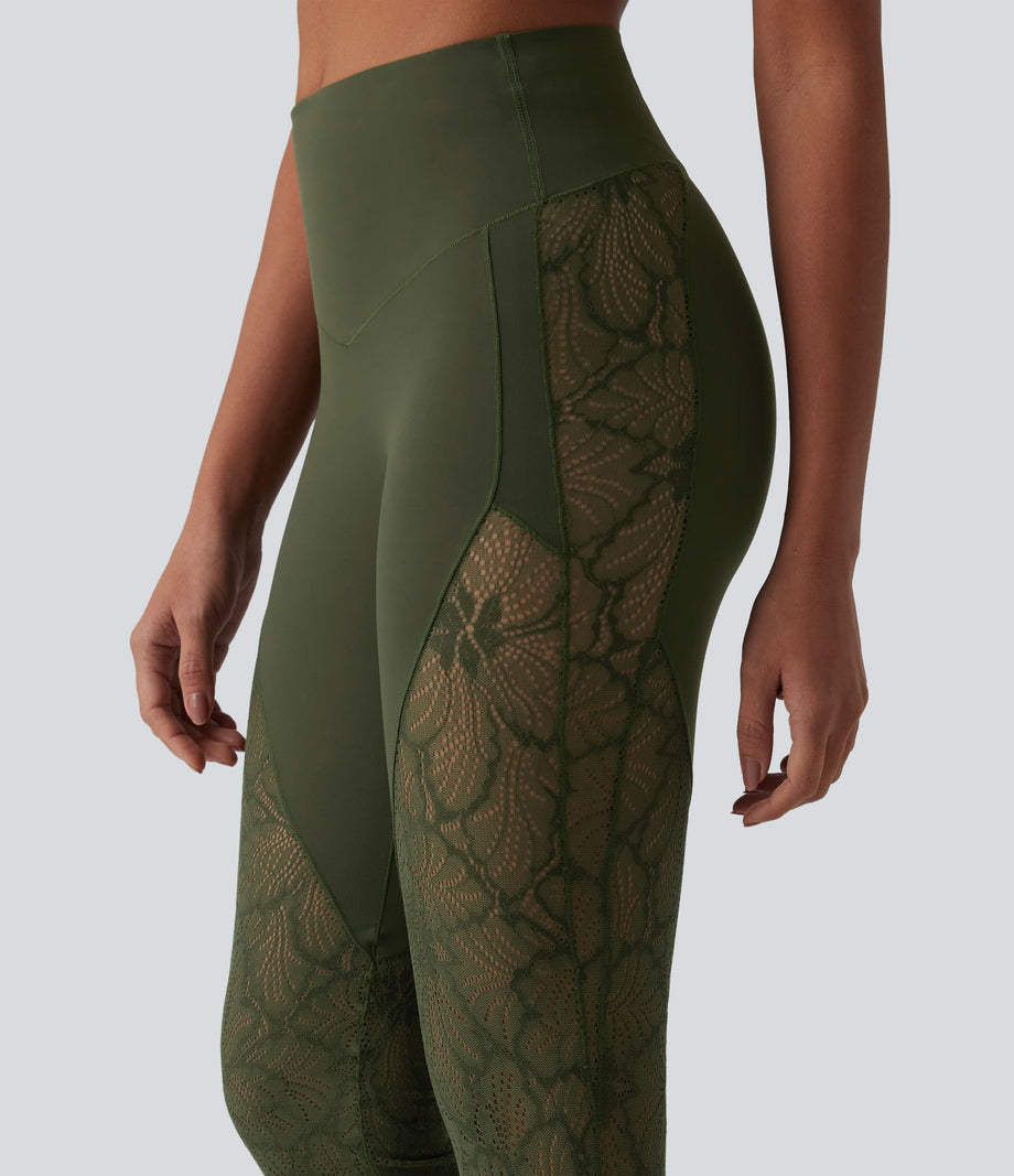 Halara UltraSculpt™ High Waisted Tummy Control Contrast Lace Yoga Flare Leggings with Pocket - Deep Woodland Green