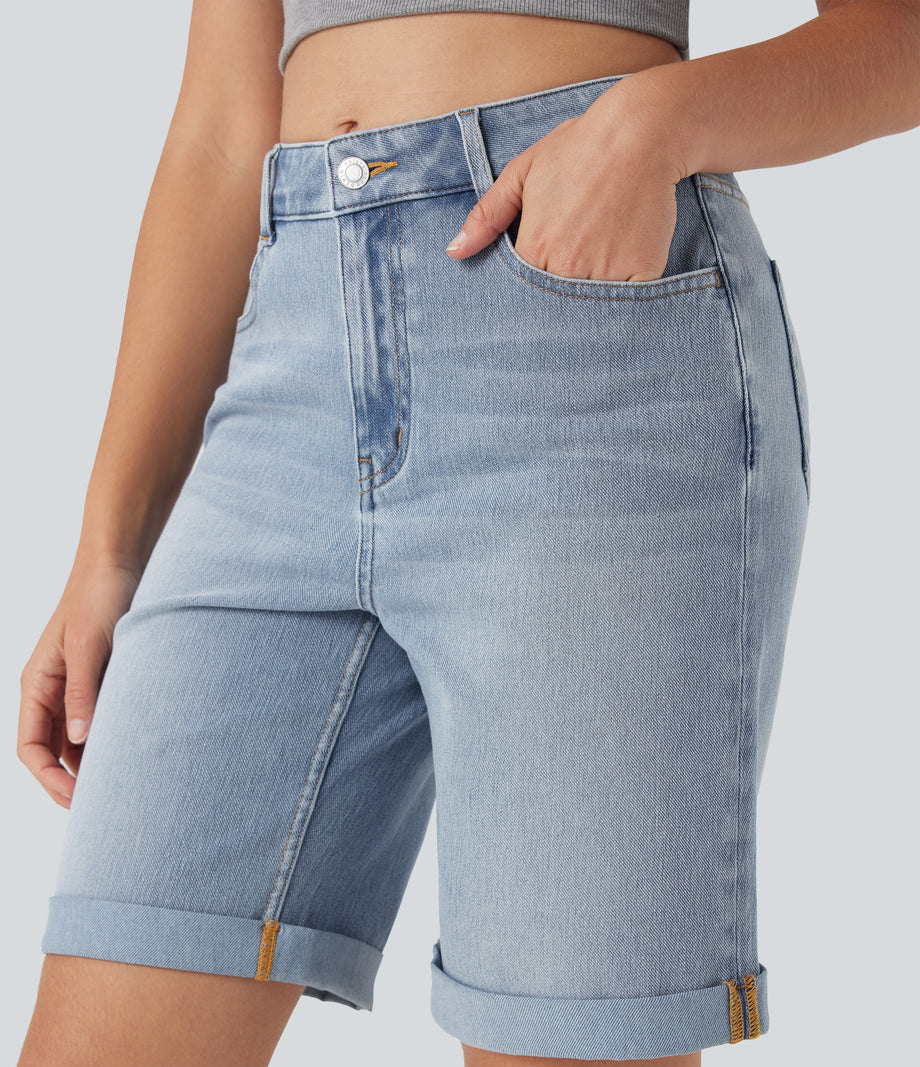 Halara Flex™ High Waisted Pockets Rolled Hem Washed Denim Casual Bermuda Shorts - Malibu Blue Denim