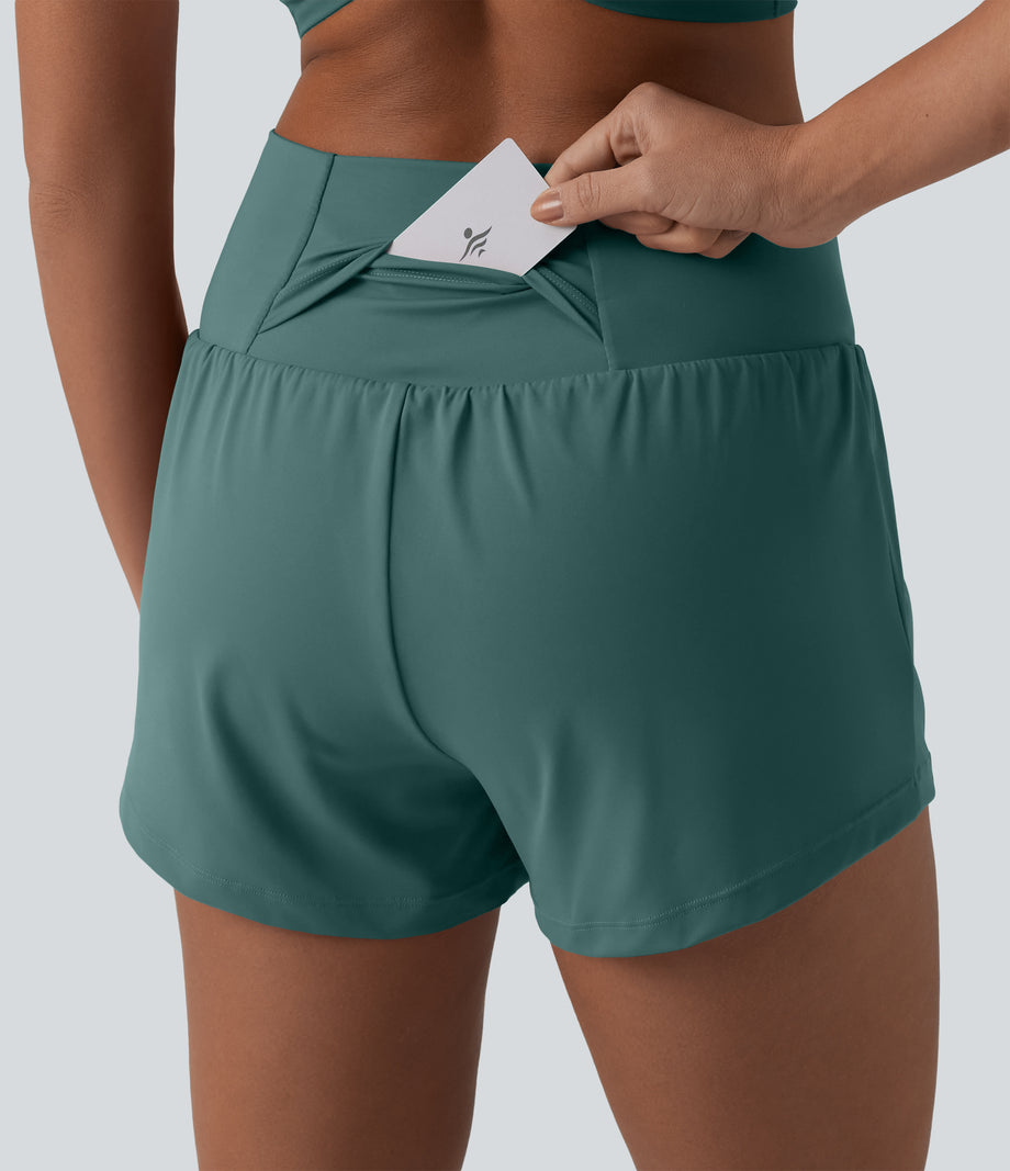 SoftlyZero™ Airy Crossover High Waisted 2-in-1 Cool Touch Yoga Shorts 3'' with Pockets - Blue Spruce