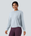 Round Neck Long Sleeve Ruched Yoga Sports Top-UPF50+ - Illusion Blue