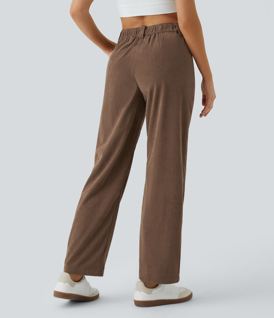 Mid Rise Zipper Pocket Corduroy Casual Pants - Acorn