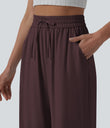 High Waisted Drawstring Wide Leg Casual Linen-Blend Pants with Pockets - Red Mahogany