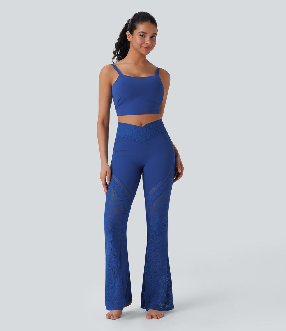 SoftlyZero™ High Waisted Crossover Pocket Contrast Lace Flare Yoga Leggings - Beaucoup Blue