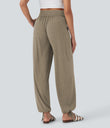 Crossover High Waisted Pocket Drawstring Casual Joggers - Khaki Floral Yarn