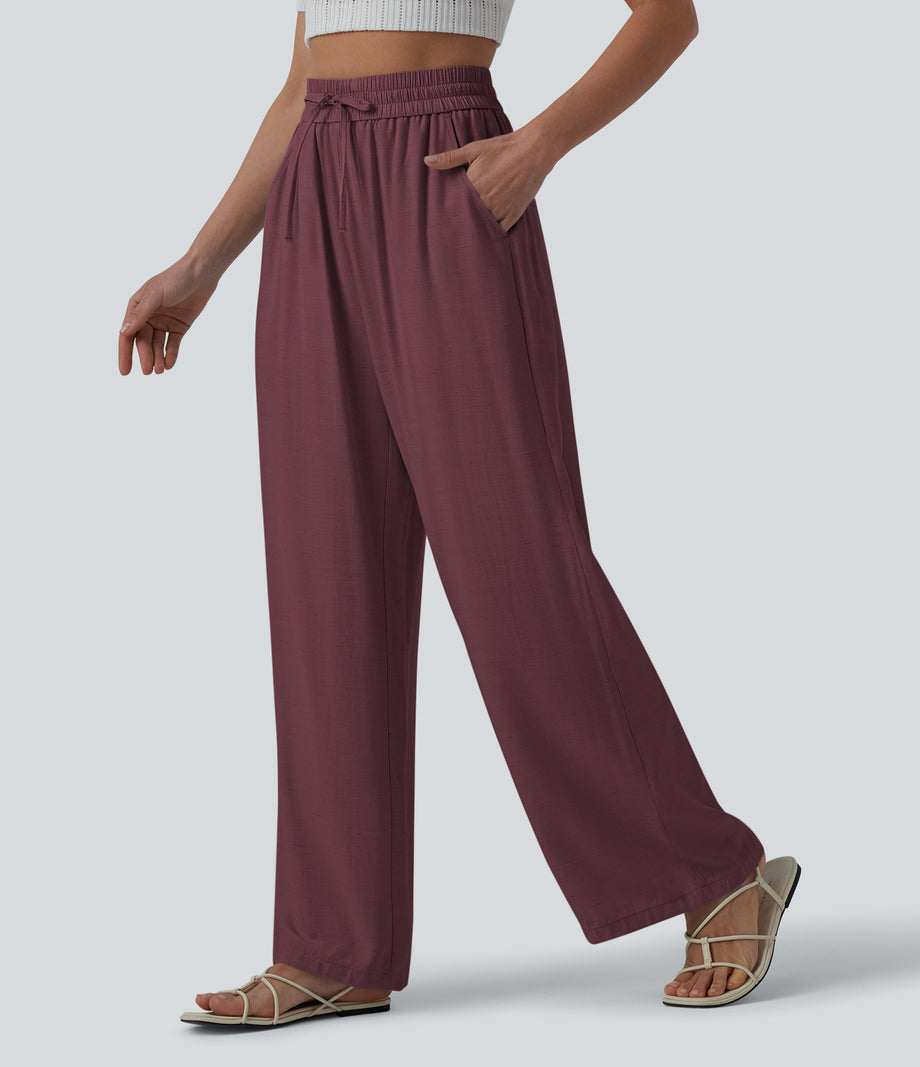 High Waisted Drawstring Wide Leg Casual Linen-Blend Pants with Pockets - Hortensia