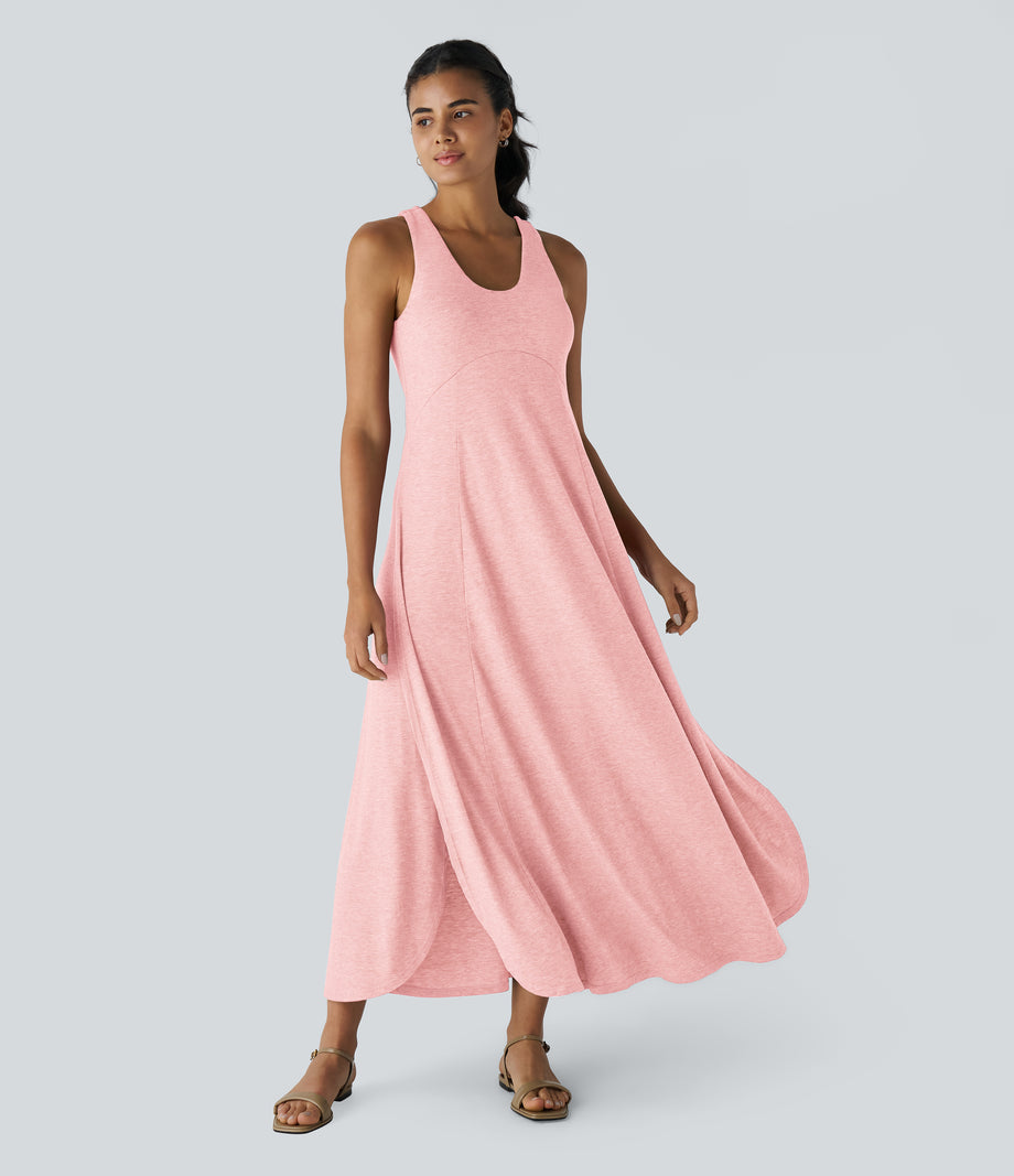 U Neck Flowy Maxi Casual Tank Dress - Creole Pink Floral Yarn