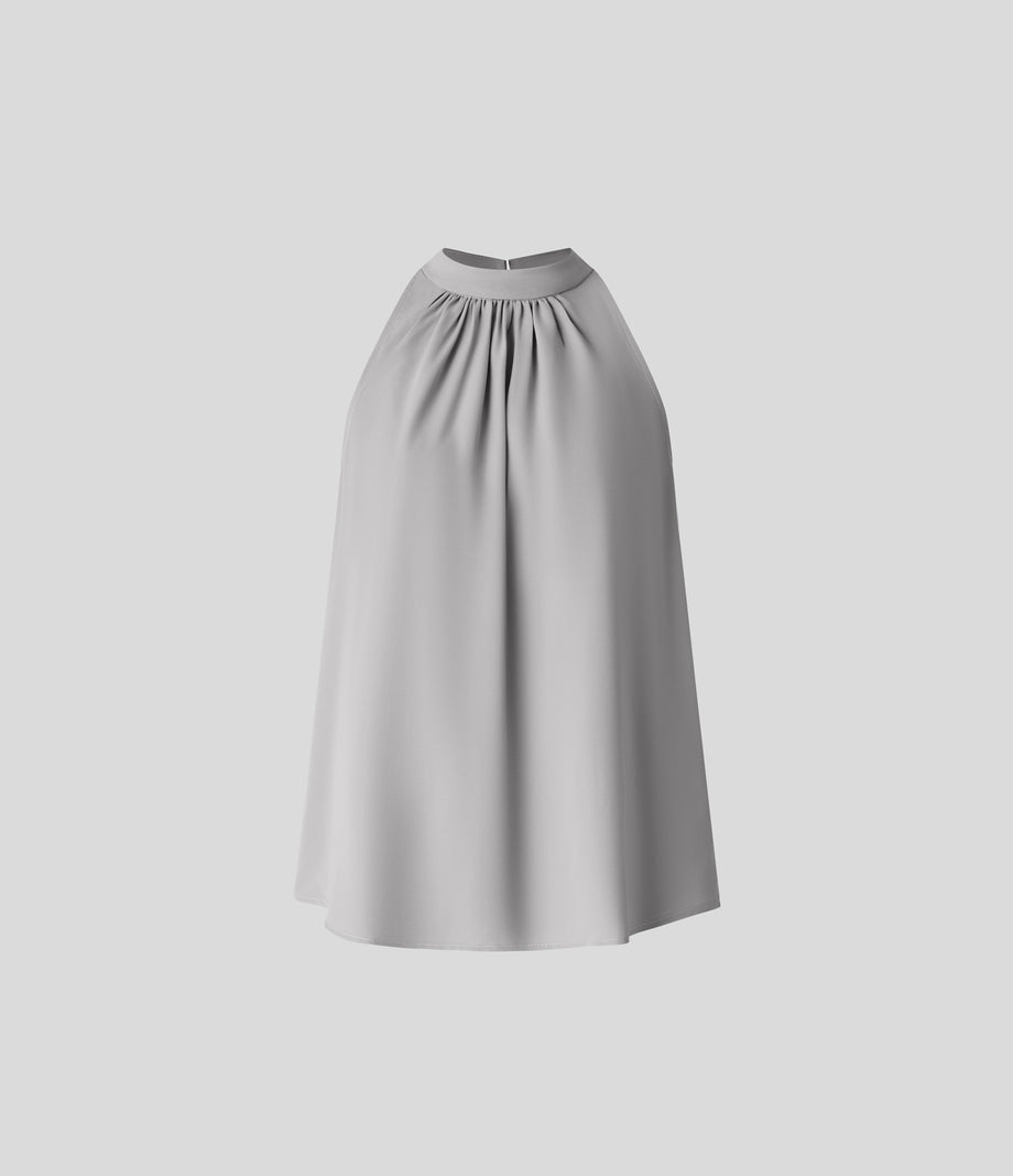 Keyhole Back Halter Sleeveless Curved Hem Work Blouse - Sandalwood Grey