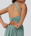 Twisted Backless Split Flowy Maxi Resort Dress with Pockets - Misty Pale Blue