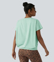 Round Neck Short Sleeve Ruched Cool Touch Yoga Sports Top-UPF50+ - Honeydew