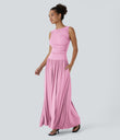 Ribbed Boat Neck Asymmetric Strap Ruched Pocket Flowy Maxi Casual Dress - Sweet Lilac