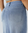 Halara Flex™ High Waisted Pockets Bodycon Washed Denim Casual Midi Skirt - Gray Blue Denim