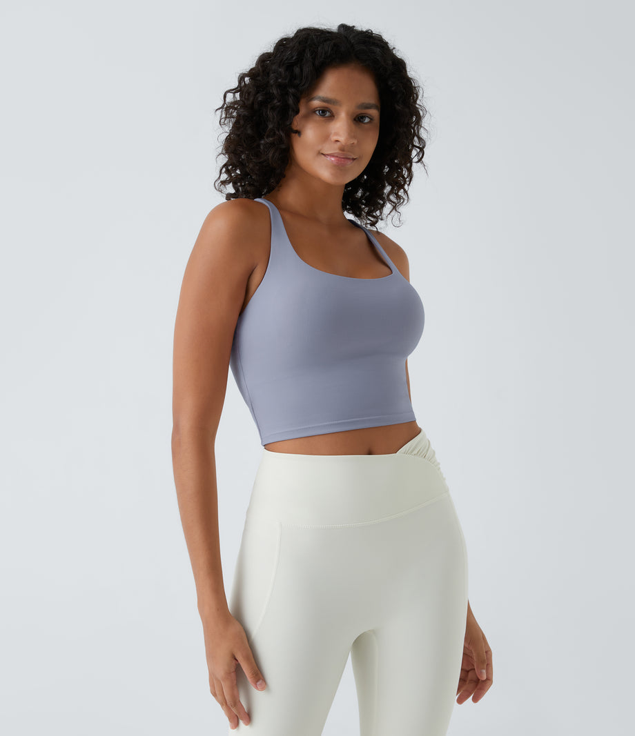 Crisscross Backless Built-in Bra Cropped Running Tank Top A-D Cups - Silver Bullet