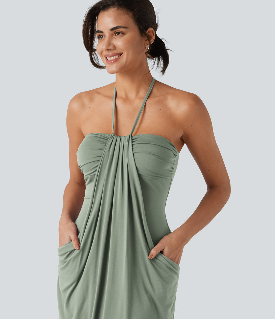 Halter Tie Back Mini Resort Dress with Pockets - Pale Aqua
