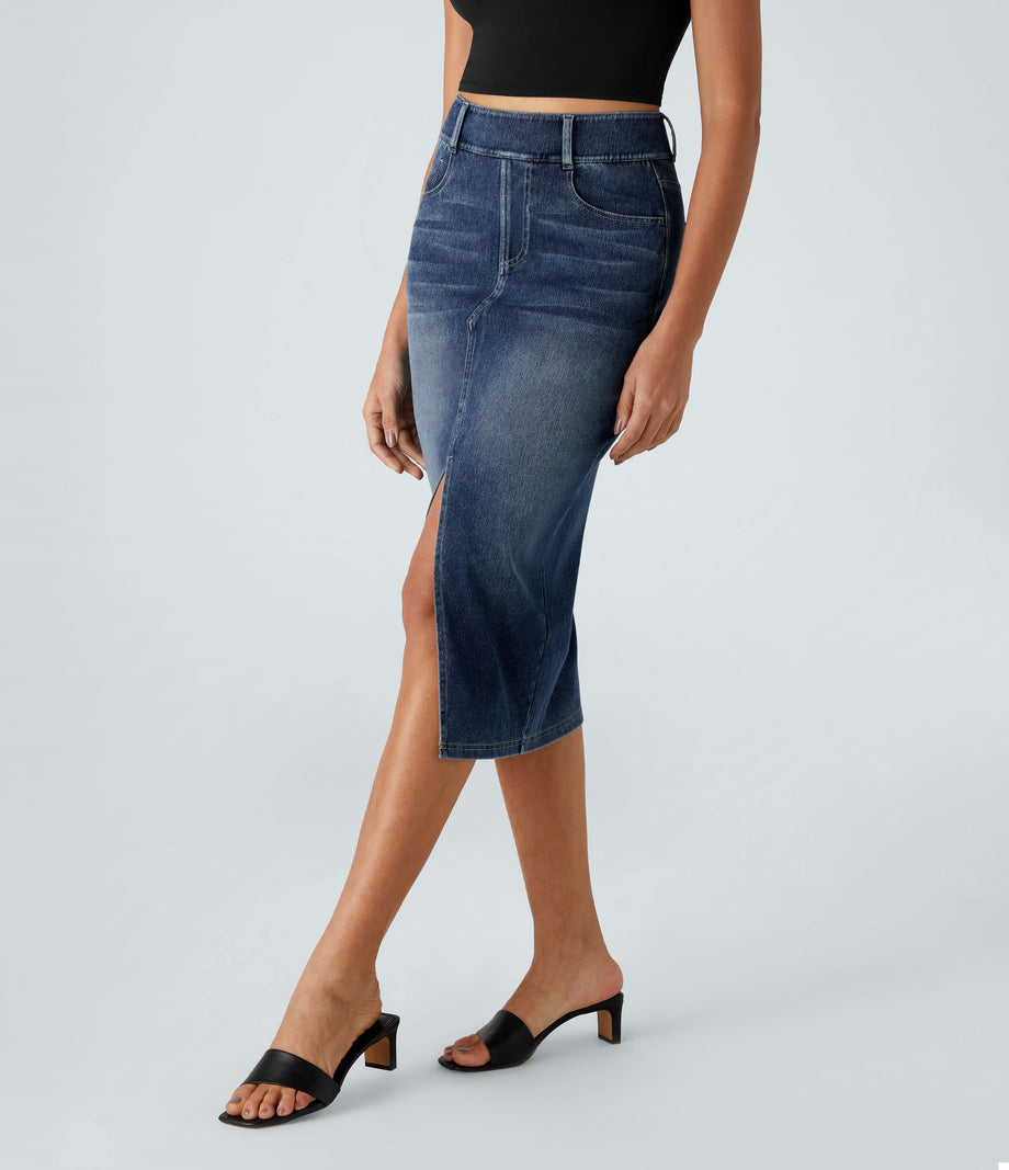 Halara Flex™ High Waisted Pockets Bodycon Washed Denim Casual Midi Skirt - Royal Blue Denim