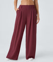 High Waisted Pocket Wide Leg Flowy Solid Palazzo Casual Linen-Feel Pants - Biking Red