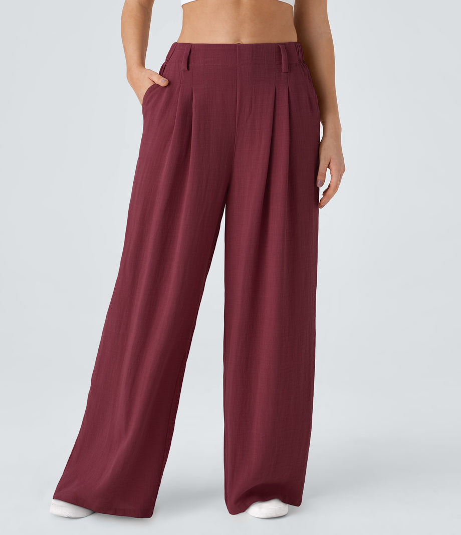 High Waisted Pocket Wide Leg Flowy Solid Palazzo Casual Linen-Feel Pants - Biking Red