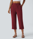 High Waisted Zipper Pocket Cropped Linen-Feel Pants - Biking Red