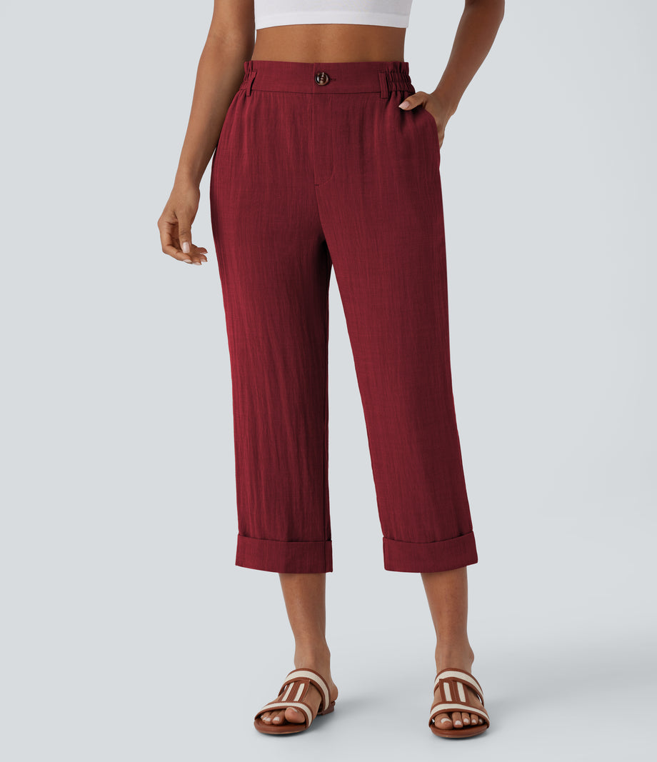High Waisted Zipper Pocket Cropped Linen-Feel Pants - Biking Red