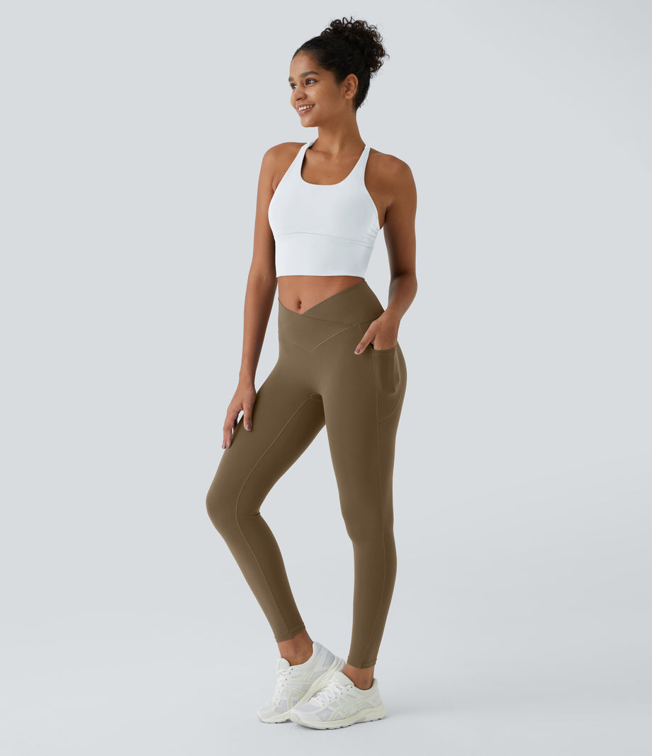 SoftlyZero™ Crossover Pocket Plain Leggings-UPF50+ - Chestnut Brown