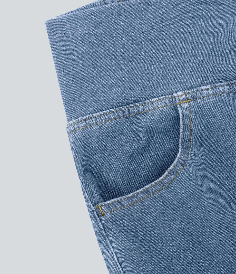 Halara Flex™ High Waisted Crossover Pocket Cool Touch Washed Casual Jeans - Pastel Blue Denim