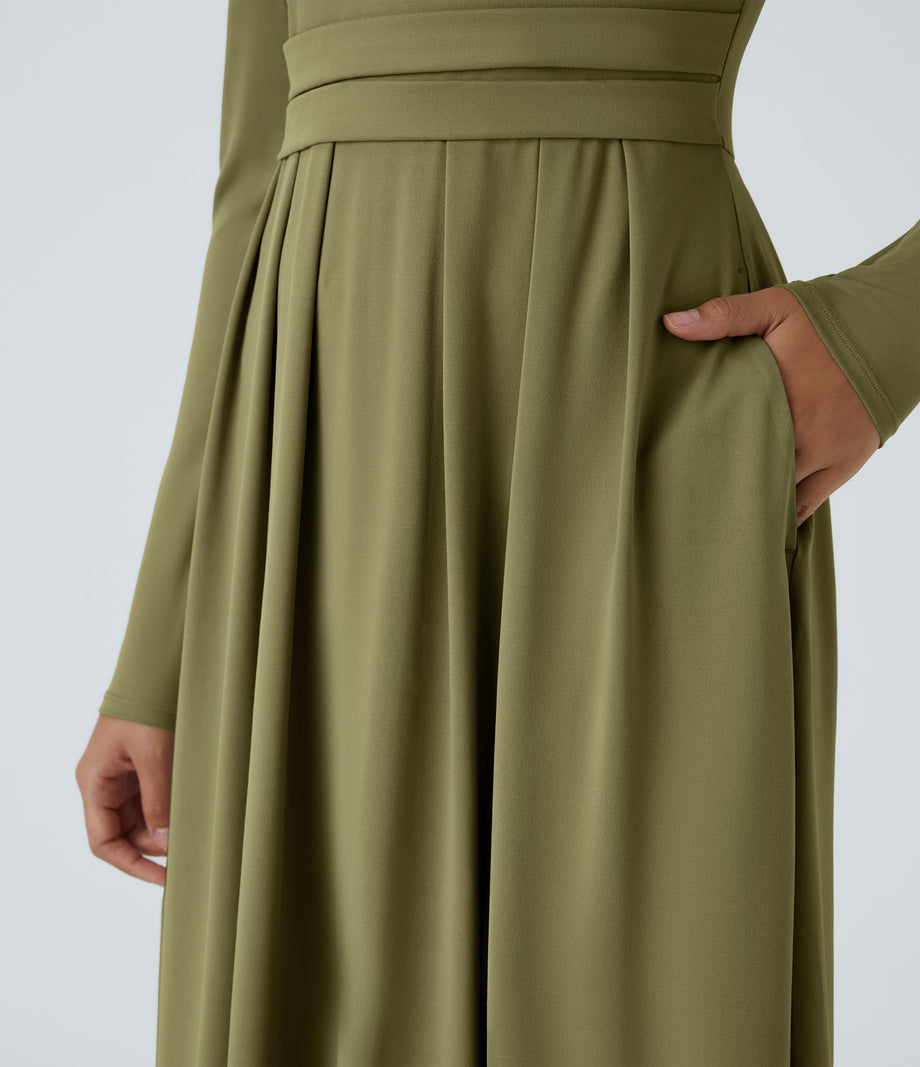 Mock-neck Long Sleeve Pocket Flare Maxi Casual Dress - Capulet Olive