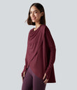 Hooded Cowl Neck Long Sleeve Thumb Hole Yoga Sports Top with Pockets - Chocolate Truffle