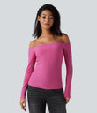 Ribbed Knit Off Shoulder Long Sleeve 2-in-1 Casual Top - Lilac Rose
