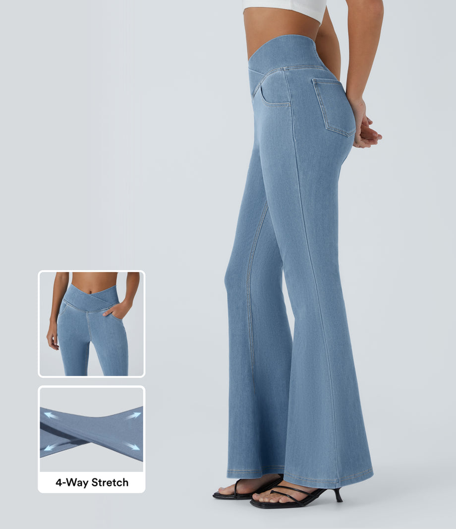 Halara Flex™ High Waisted Crossover Pocket Washed Casual Jeans - Washed Denim Sunny Blue