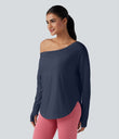 One Shoulder Long Sleeve Thumb Hole Curved Hem High Low Quick Dry Yoga Sports Top-Built-in Bra - Mood Indigo