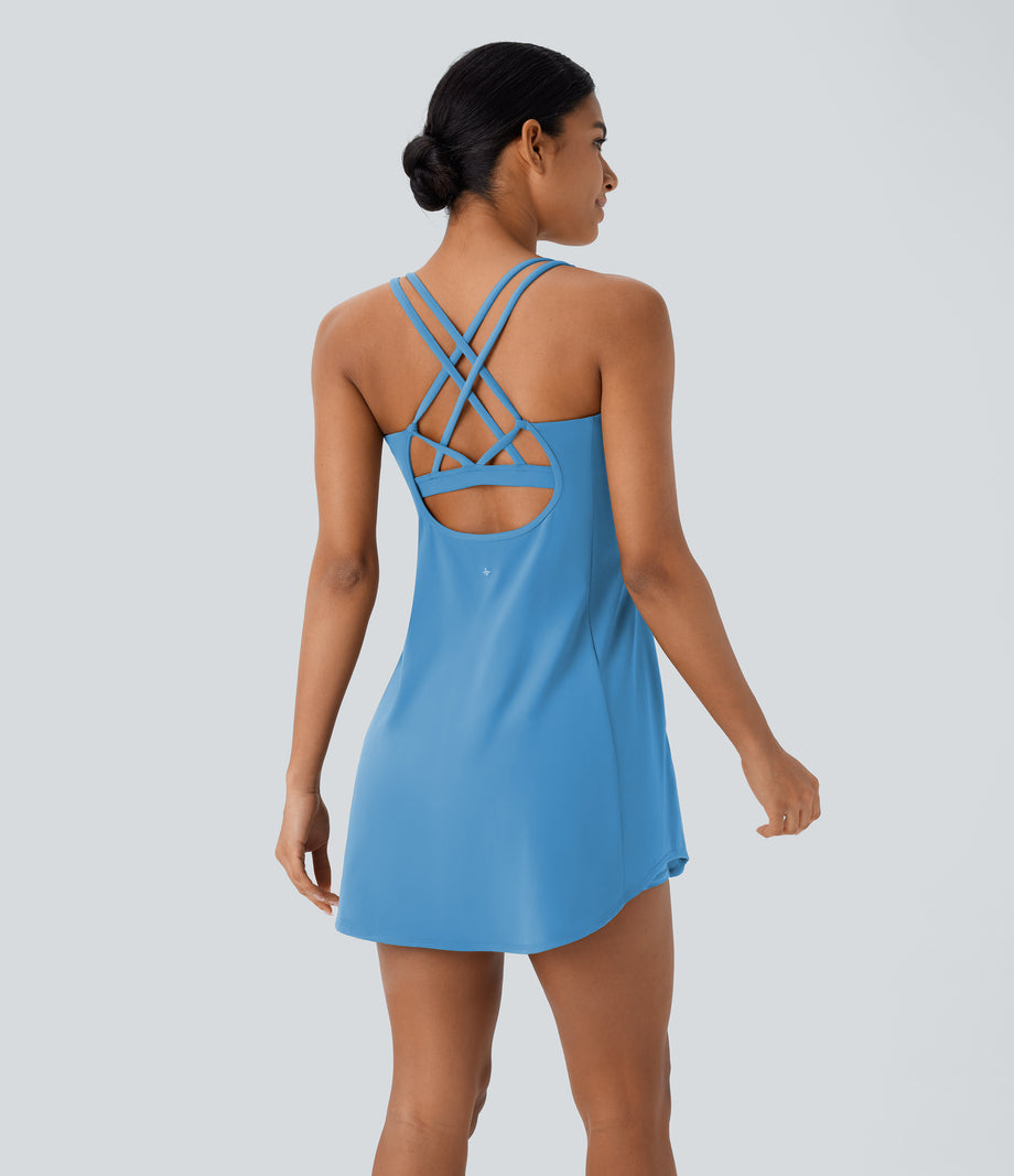 SoftlyZero™ Plush Cut Out Pocket 2-Piece Mini Yoga Active Dress - Bonnie Blue