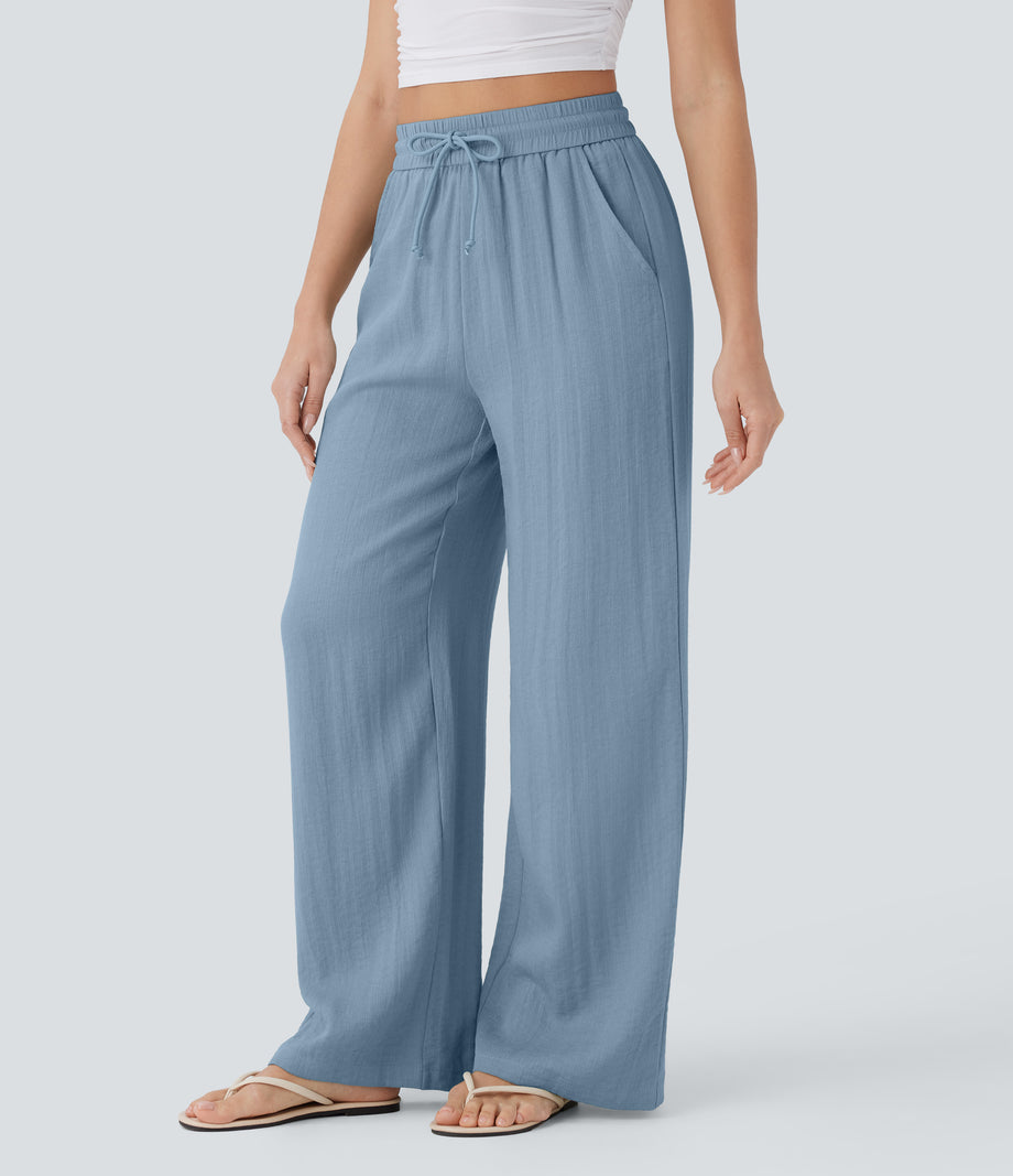 High Waisted Drawstring Pocket Wide Leg Baggy Casual Linen-Feel Pants - Mountain Spring