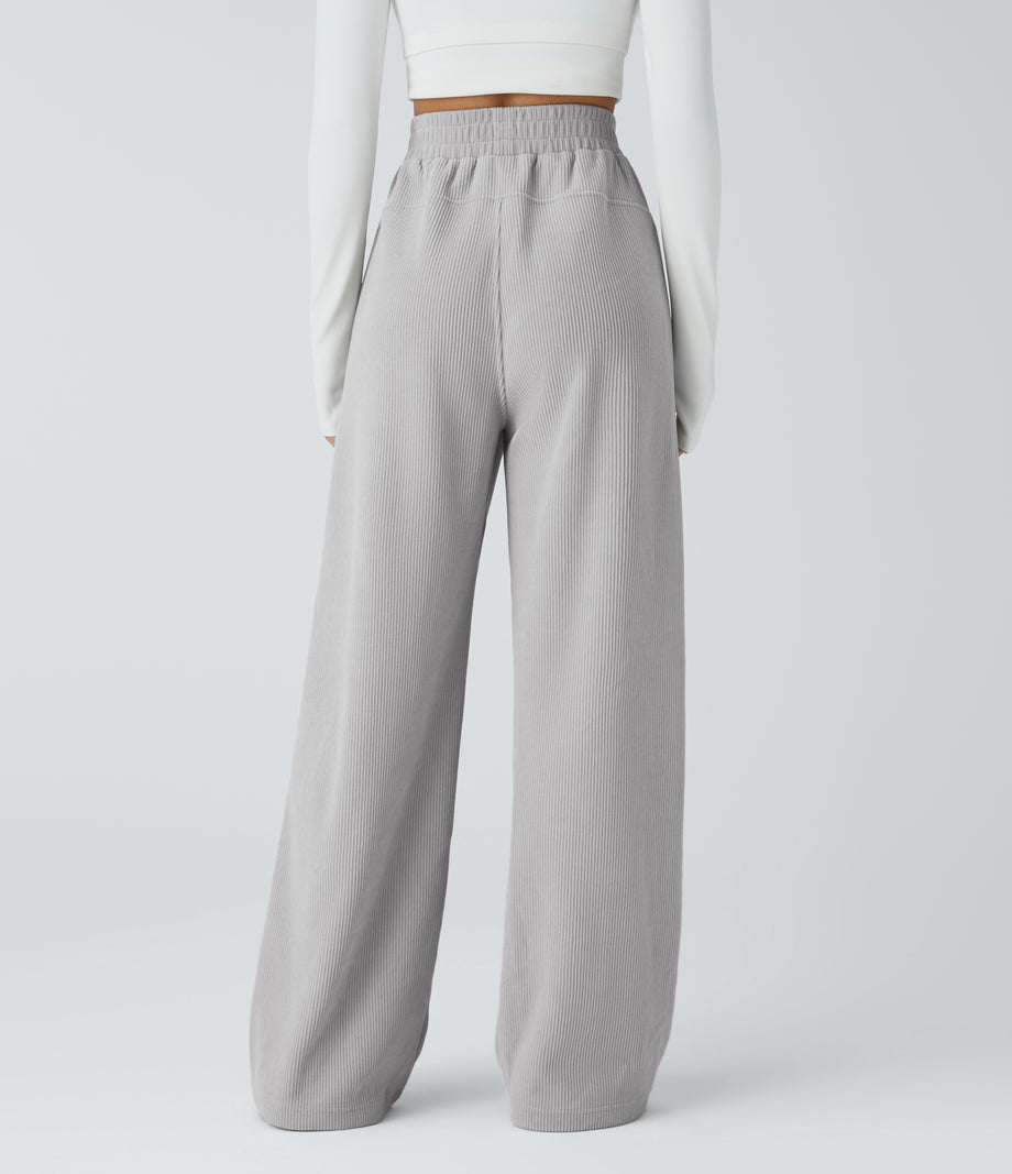 High Waisted Pocket Straight Leg Baggy Mop Corduroy Casual Pants - Glacier Gray