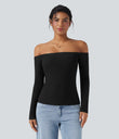Ribbed Knit Off Shoulder Long Sleeve 2-in-1 Casual Top - Black