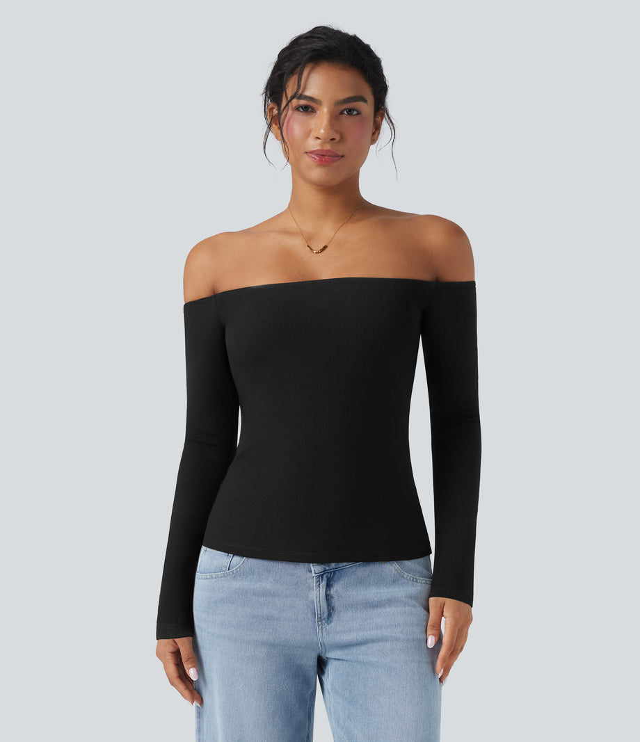 Ribbed Knit Off Shoulder Long Sleeve 2-in-1 Casual Top - Black