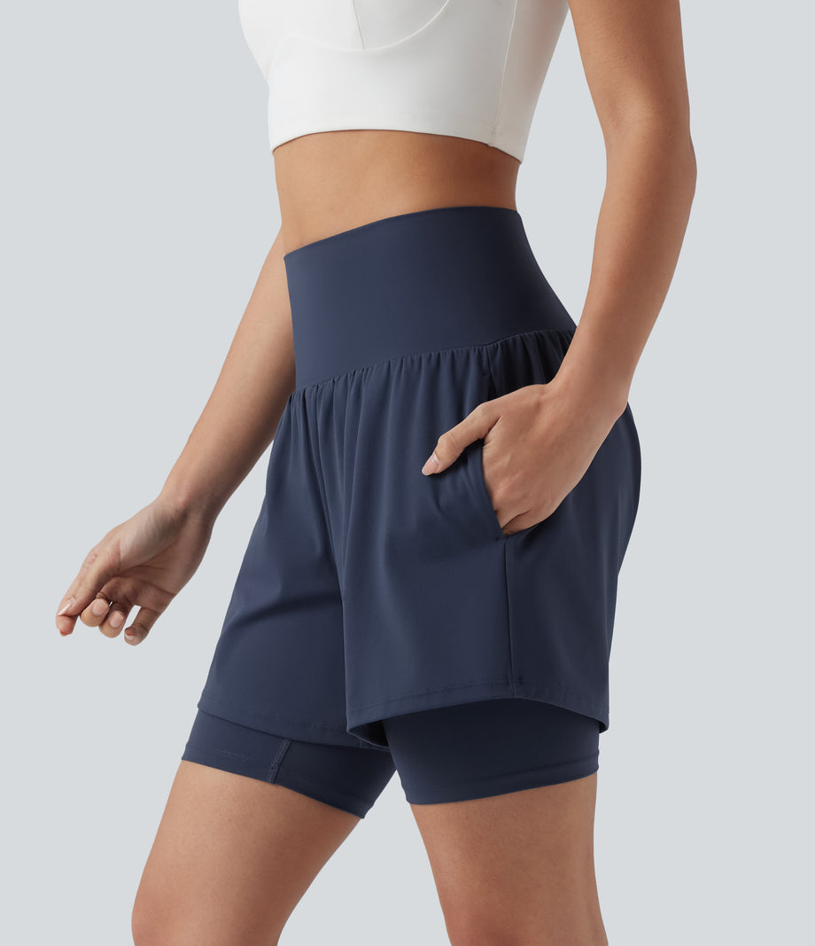 SoftlyZero™ Airy Super High Waisted 2-in-1 Cool Touch Yoga Shorts 7'' with Pockets - Mood Indigo