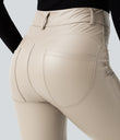 High Waisted Stretchy PU Fleece Casual Leggings with Pockets - French Oak
