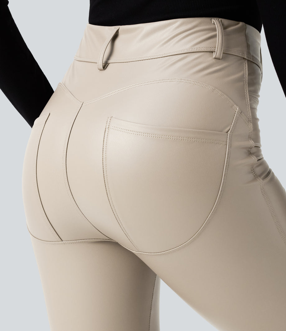 High Waisted Stretchy PU Fleece Casual Leggings with Pockets - French Oak