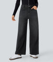 Halara Flex™ Low Rise Zipper Pockets Washed Baggy Wide Leg Casual Jeans - Dirty Black Denim