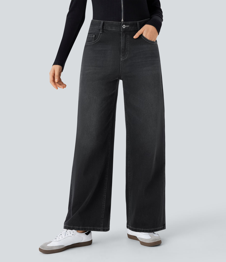 Halara Flex™ Low Rise Zipper Pockets Washed Baggy Wide Leg Casual Jeans - Dirty Black Denim