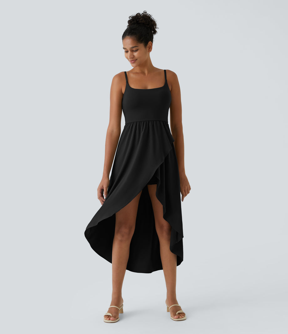 Breezeful™ High Low 2-Piece Pocket Flowy Midi Quick Dry Casual Dress - Black