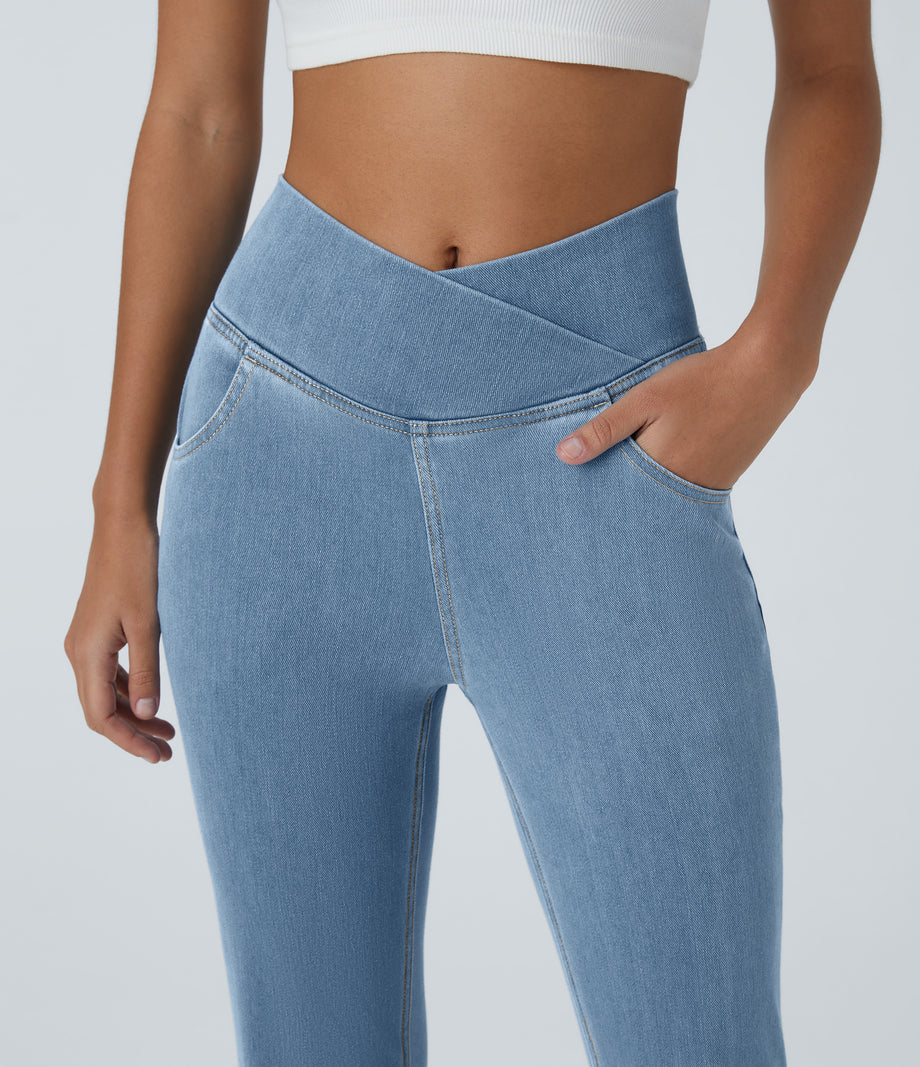Halara Flex™ High Waisted Crossover Pocket Washed Casual Jeans - Washed Denim Sunny Blue