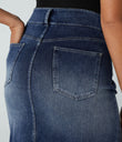 Halara Flex™ High Waisted Pockets Bodycon Washed Denim Casual Midi Skirt - Royal Blue Denim