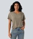 V-neck Short Sleeve Ruched Relaxed Casual Top - Khaki Floral Yarn