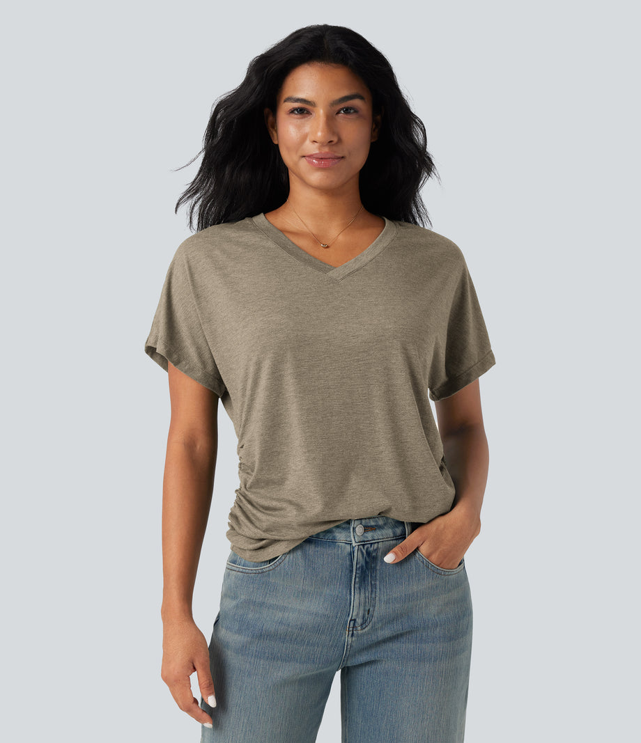 V-neck Short Sleeve Ruched Relaxed Casual Top - Khaki Floral Yarn