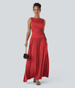 Ribbed Boat Neck Asymmetric Strap Ruched Pocket Flowy Maxi Casual Dress - Rubicondo