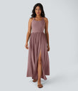 Twisted Backless Split Flowy Maxi Resort Dress with Pockets - Dusk Rose Plum
