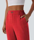 High Waisted Zipper Pocket Cropped Linen-Feel Pants - High Risk Red