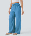 High Waisted Drawstring Pocket Wide Leg Baggy Casual Linen-Feel Pants - Azure Blue