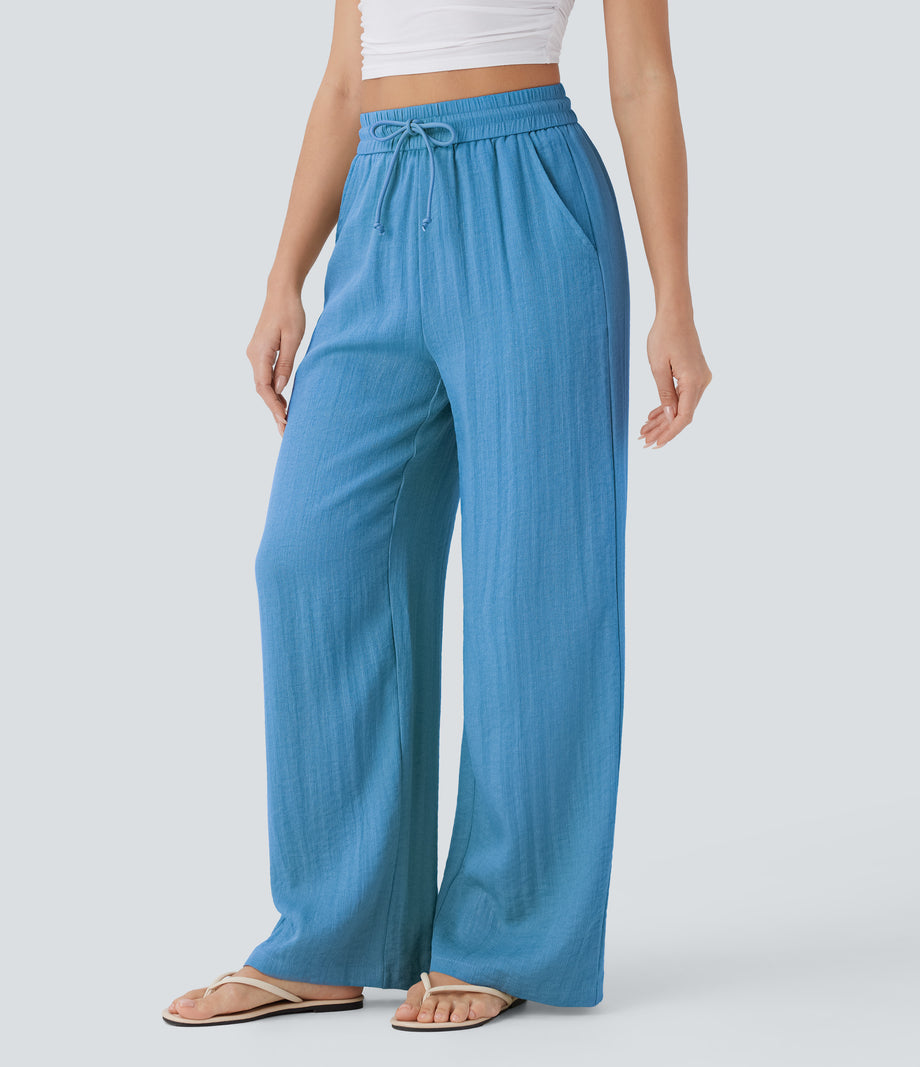 High Waisted Drawstring Pocket Wide Leg Baggy Casual Linen-Feel Pants - Azure Blue