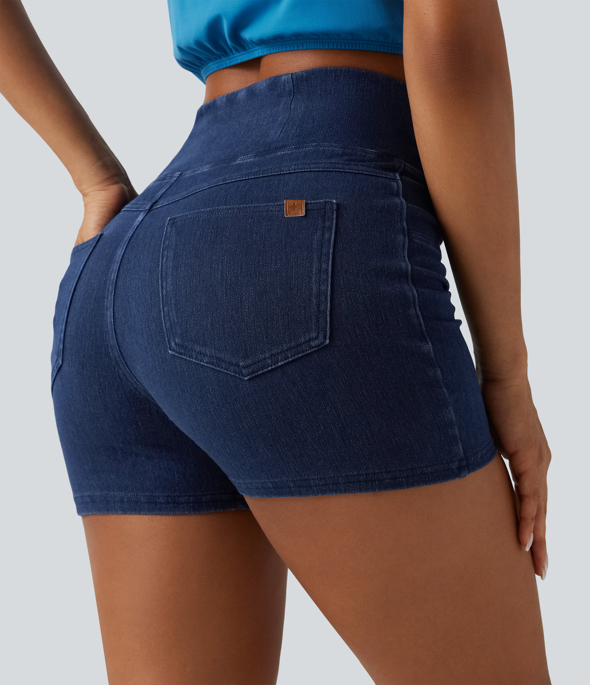 Halara Flex™ High Waisted Crossover Pocket Denim Casual Shorts 3" - Midnight Blue Denim